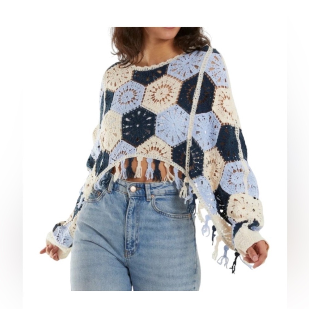 House Of Harlow 1960 Blue and Cream Crochet Fringe Sweater Shrug Coverup
One Siz